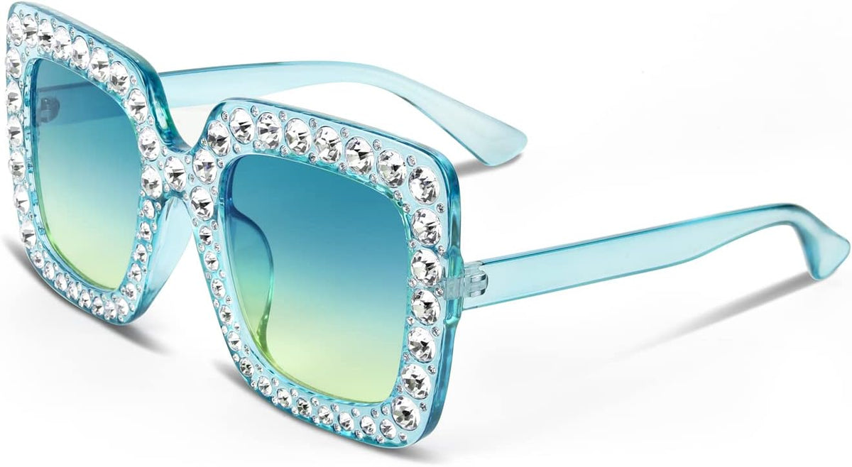 3 Transparent Blue Green / 51 Millimeters | B09NJMKD5Q | FEISEDY Women Sparkling Crystal Sunglasses Oversized Square Thick Frame B2283