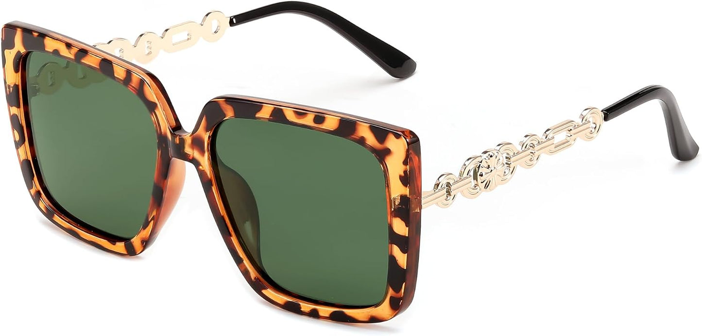 Leopard Frame Polarized Dark Green Lens / 55 Millimeters | B0CXDXL5KL | FEISEDY Sunglasses Womens Trendy, Oversized Square Shades, Pearl Inlay Cat Eye Frame UV400 Protection B2625