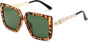 Leopard Frame Polarized Dark Green Lens / 55 Millimeters | B0CXDXL5KL | FEISEDY Sunglasses Womens Trendy, Oversized Square Shades, Pearl Inlay Cat Eye Frame UV400 Protection B2625