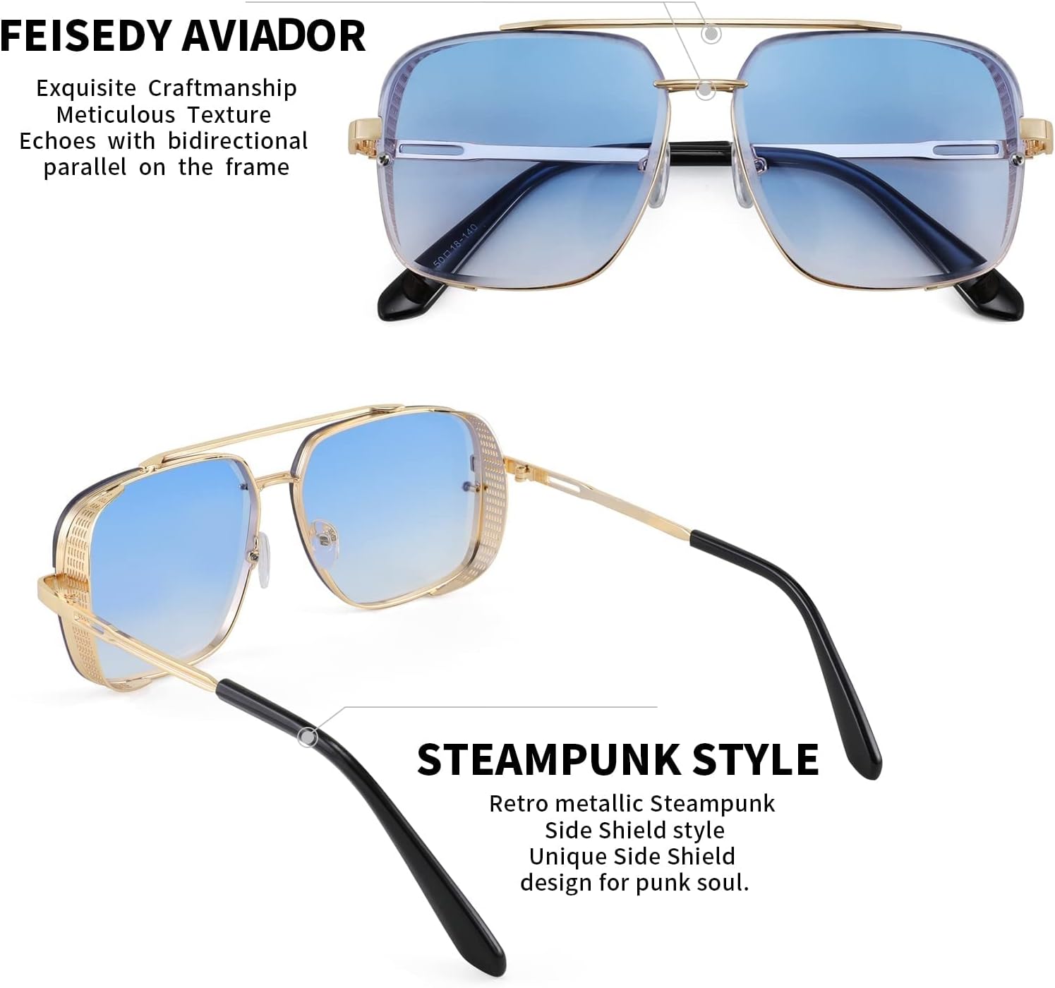 商品图片 40 | B09SDC5BD5 | FEISEDY Sunglasses Mens Women Vintage Pilot Square Trendy Metal Steampunk Fishing Driving Sun Glasses B2894