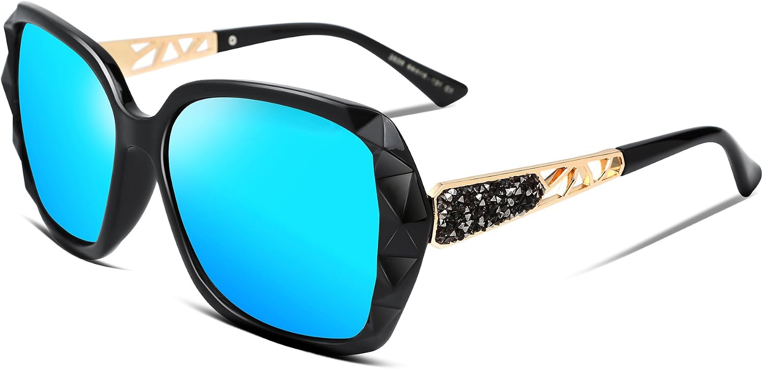 Ice Blue / 56 Millimeters | B07BPK11JT | FEISEDY Polarized Women Square Sunglasses Sparkling Composite Shiny Frame B2289