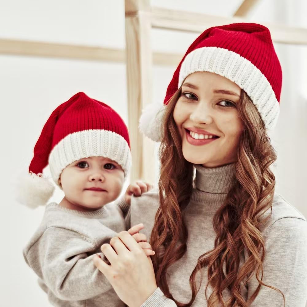 商品图片 4 | B0FWRJTSBJ | Santa Hats Adult & Kids, Christmas Hat with Pom Pom - Stretchy Knit Beanie, Soft Warm Acrylic Winter Hat for Xmas Party