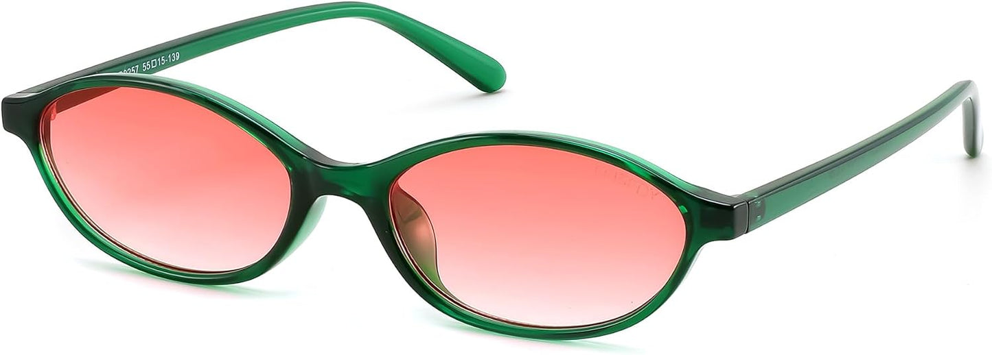 Green/Gradient Red / 54 Millimeters | B0GQS8HMNJ | FEISEDY Retro Oval Cat Eye Sunglasses for Women 90s Narrow Lightweight Shades Y2k Trendy Sunnies B0257