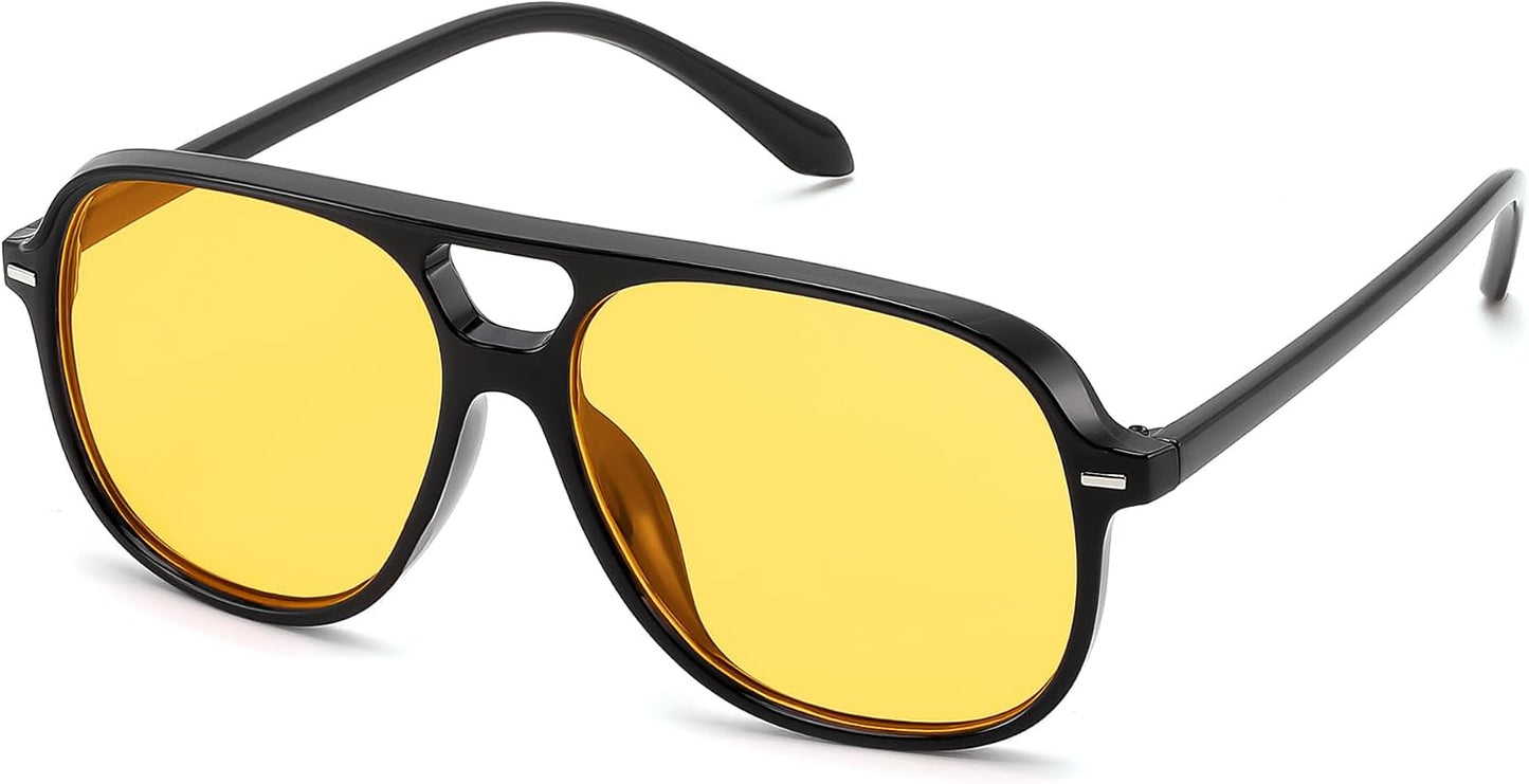 Black & Light Yellow / 56 Millimeters | B0H1W2PCB5 | FEISEDY Retro Square Aviator Sunglasses Women Men Double Bridge B0443