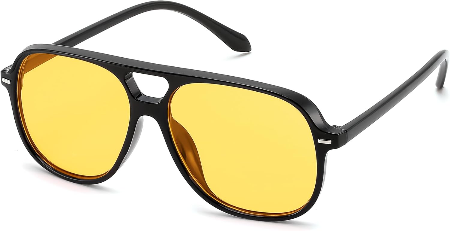Black & Light Yellow / 56 Millimeters | B0H1W2PCB5 | FEISEDY Retro Square Aviator Sunglasses Women Men Double Bridge B0443