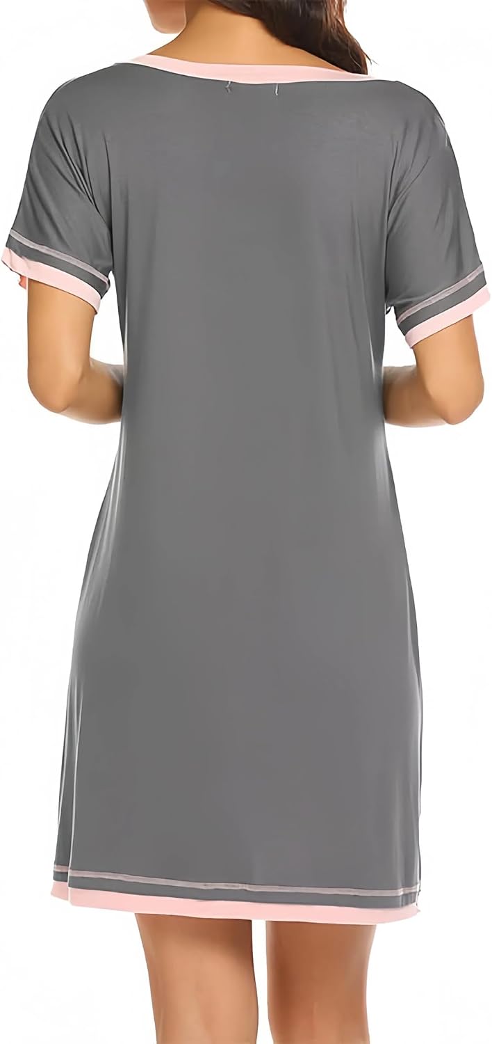 商品图片 2 | B0H1FBDV8M | Women's Short Sleeve Nightgown, Grey & Pink Trim Soft Cotton Blend Sleep Shirt Dress, Casual Loungewear Sleepwear