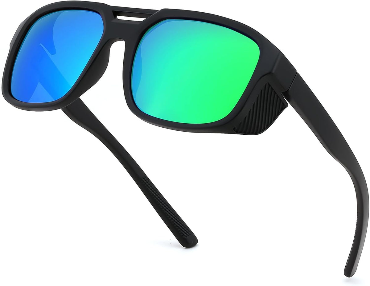 Green / 55 Millimeters | B0FV3C8DZT | FEISEDY Polarized Sunglasses Men Women Side Shield Goggles Retro Pilot Square Steampunk Fishing Sun Glasses B0348