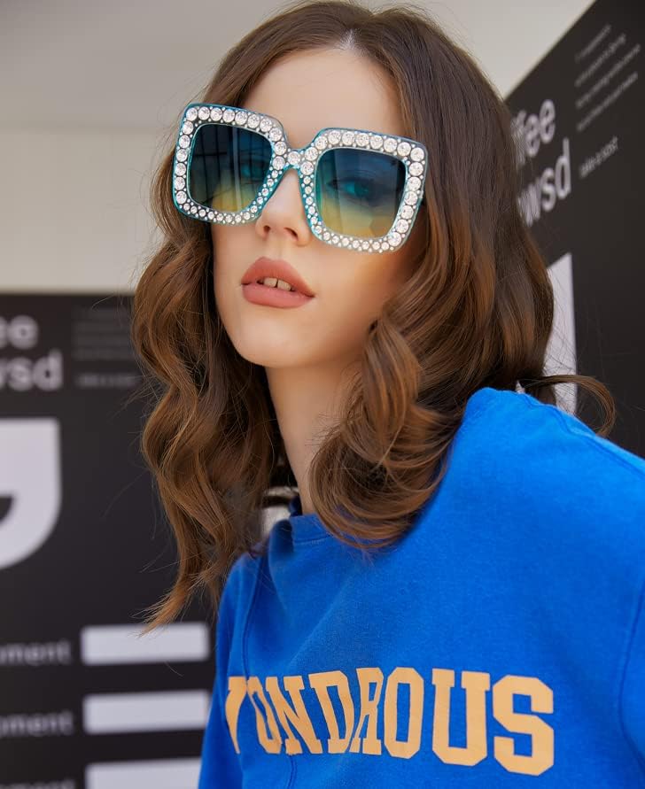 ÉÌƷͼƬ 33 | B077GMJCV8 | FEISEDY Women Sparkling Crystal Sunglasses Oversized Square Thick Frame B2283