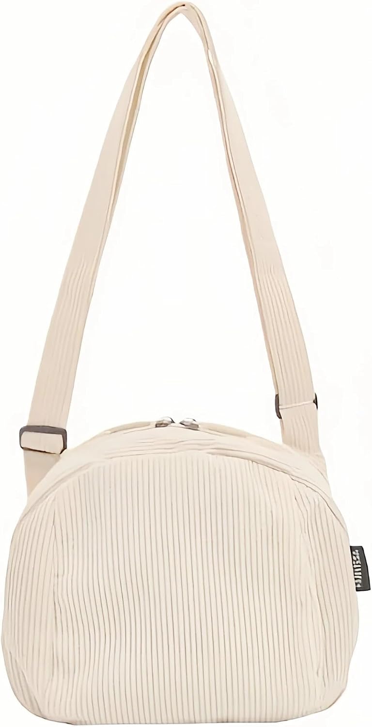 Beige | B0FWXC3RXC | Corduroy Crossbody Bag, Small Canvas Purse with Adjustable Strap, Round Retro Shoulder Bag, Casual Daily Outfit Accessory