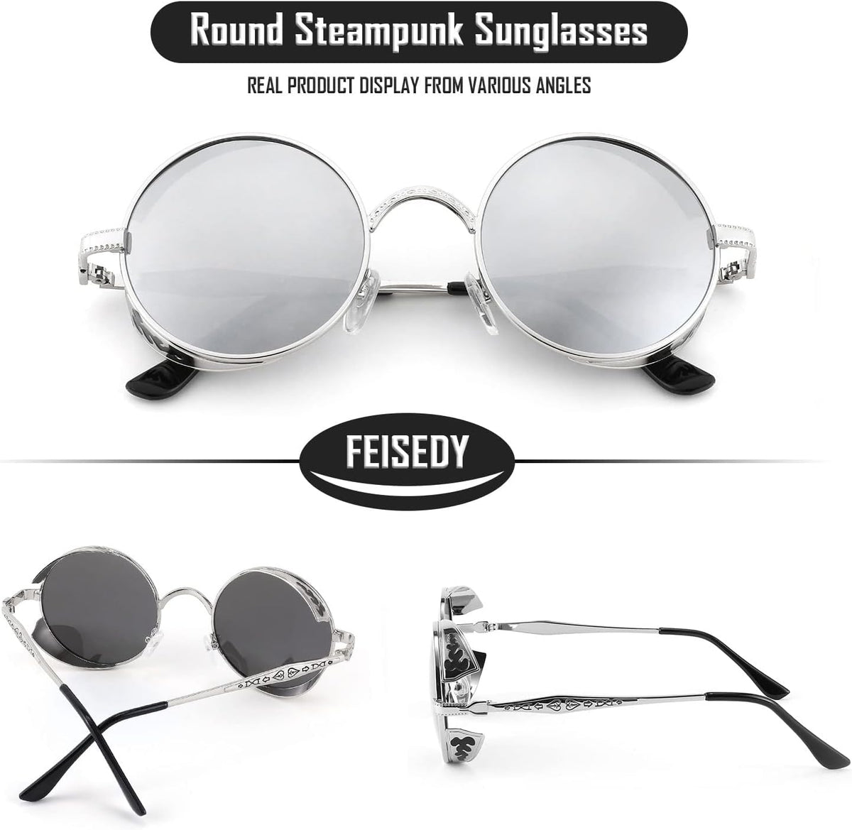 ÉÌƷͼƬ 19 | B0CHLX78KB | FEISEDY Retro Steampunk Sunglasses for Men Women, Round Metal Frame Gothic Vintage Style B2820
