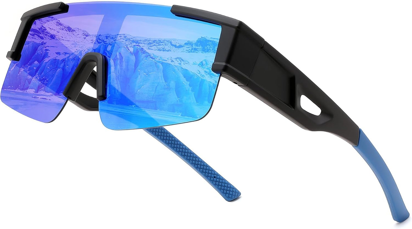 03 Black Frame/Blue Mirrored Lens / Large | B0GGMJ3NJH | FEISEDY Polarized Fit Over Glasses Sunglasses for Men Women, Sports Wrap Around for Driving Cycling Fishing B0382