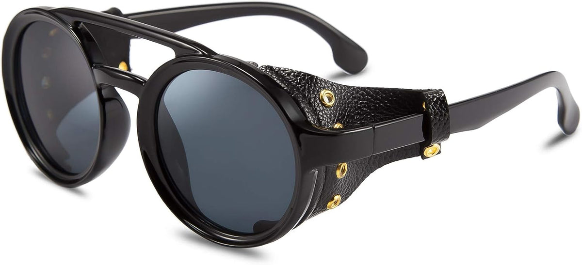 Black / 48 Millimeters | B07ZNZNY6T | FEISEDY Retro Round Steampunk Sunglasses Women Men Leatherwear B2532