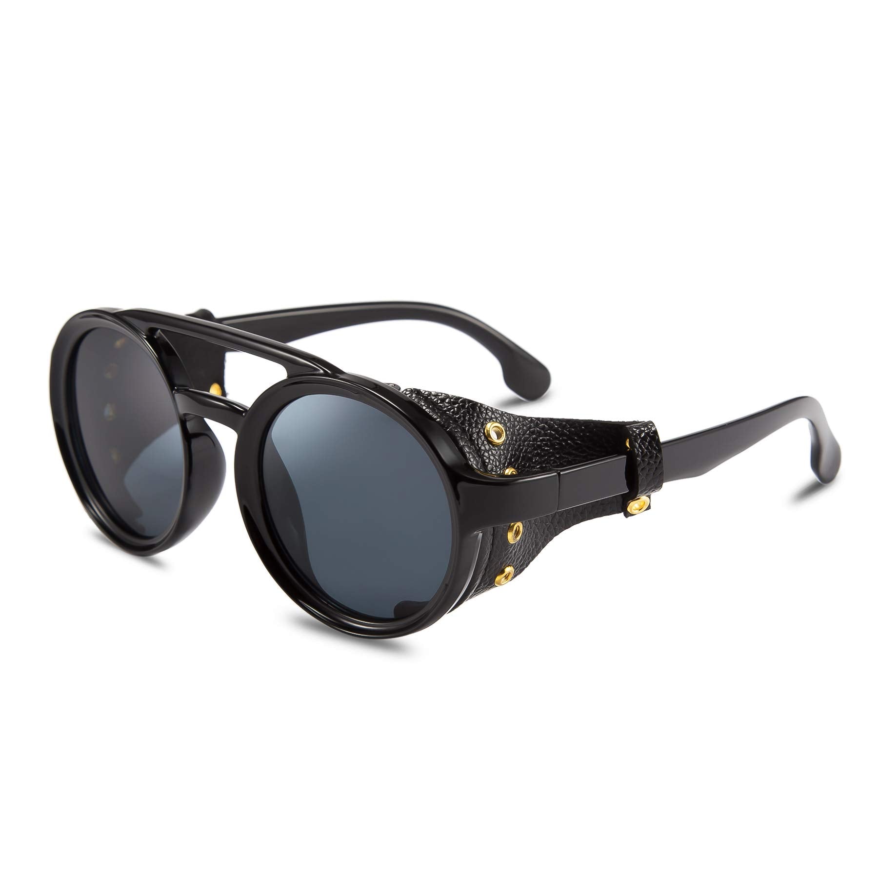 FEISEDY Retro Round Steampunk Sunglasses Women Men Leatherwear B2532 | Leather side shields, 100% UV400 protection, Lightweig