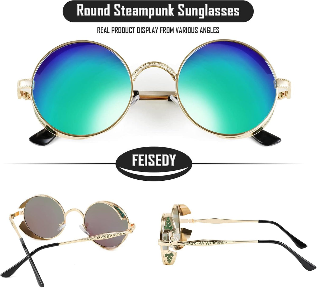 ÉÌƷͼƬ 25 | B0CHLX78KB | FEISEDY Retro Steampunk Sunglasses for Men Women, Round Metal Frame Gothic Vintage Style B2820