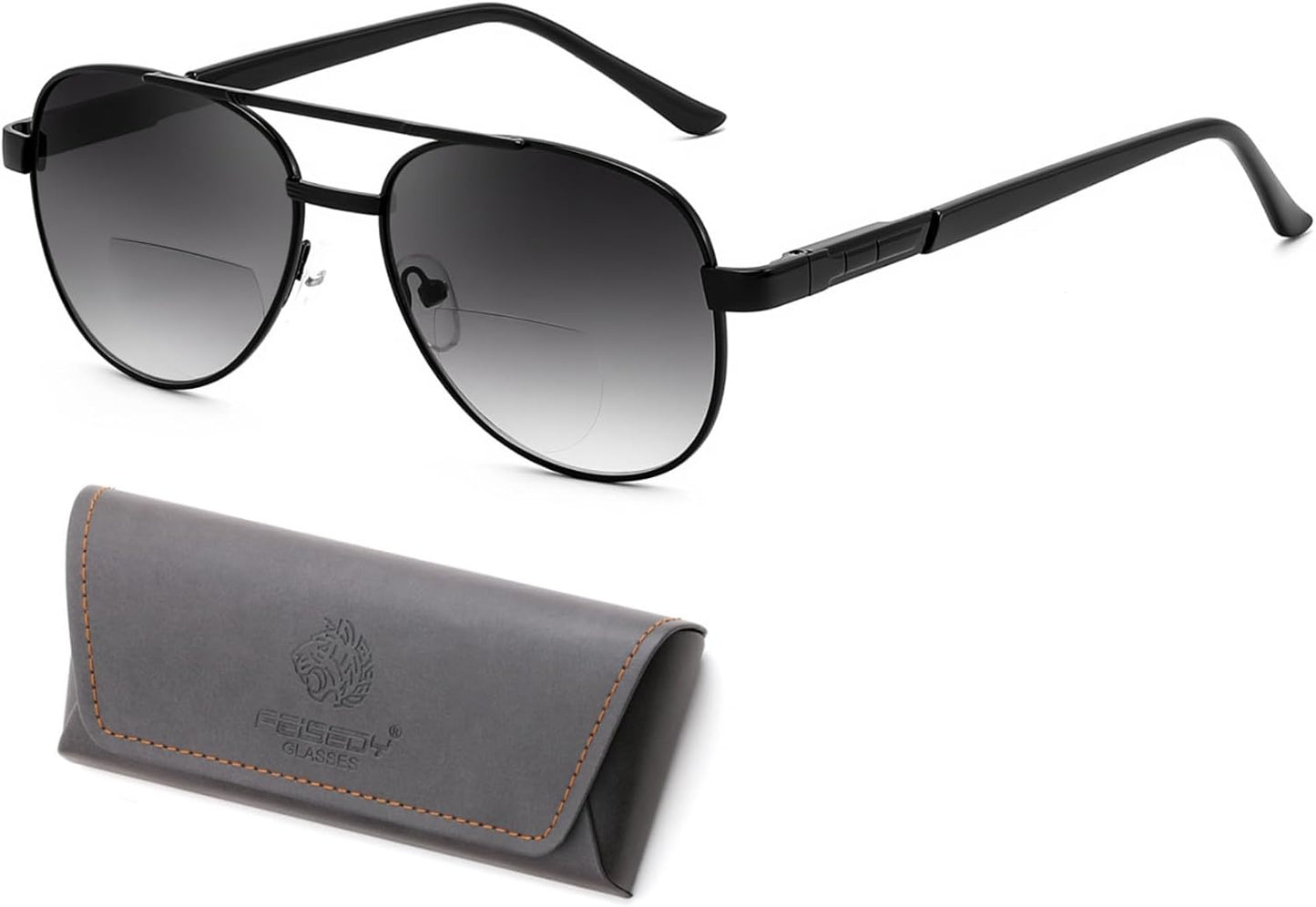 Grey Lens-black Frame / 1.5 x | B0G1BX9GBP | FEISEDY Metal Aviator Bifocal Reader Sunglasses for Men B0335