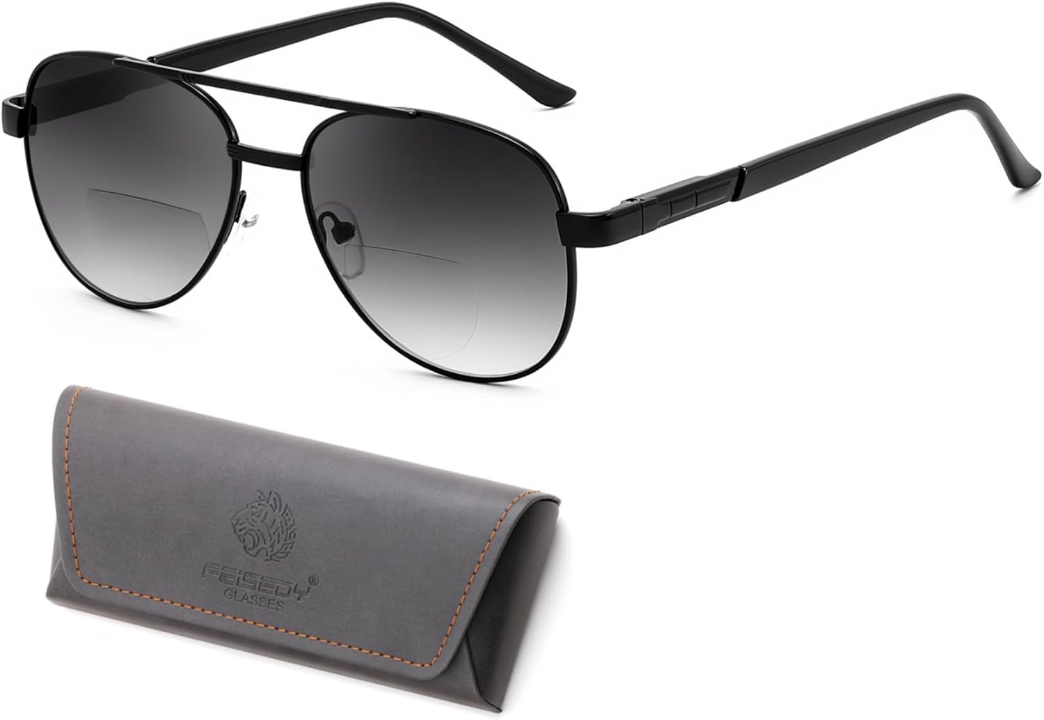 Grey Lens-black Frame / 1.5 x | B0G1BX9GBP | FEISEDY Metal Aviator Bifocal Reader Sunglasses for Men B0335