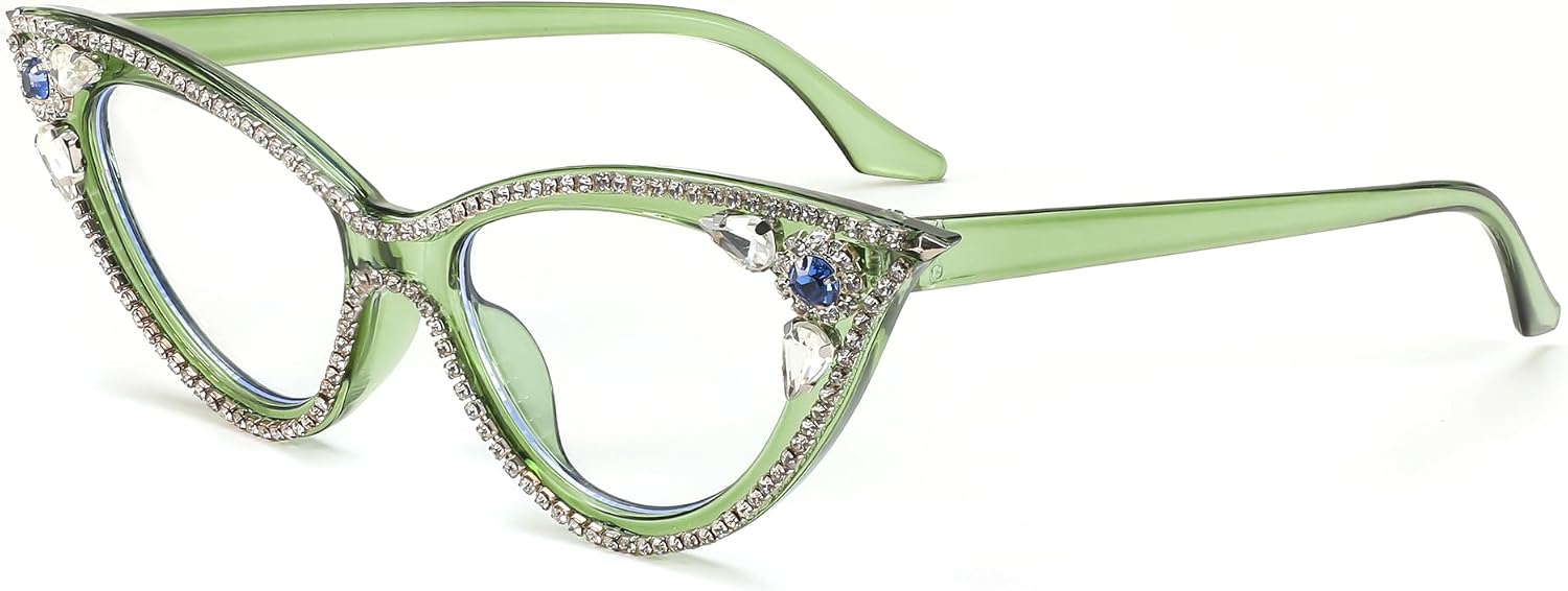 Green / 50 Millimeters | B0CQ54YW6F | FEISEDY Diamond Blue Light Blocking Glasses Cat Eye Rhinestone Women Glasses Frame Anti Eyestrain Computer Eyewear B0070