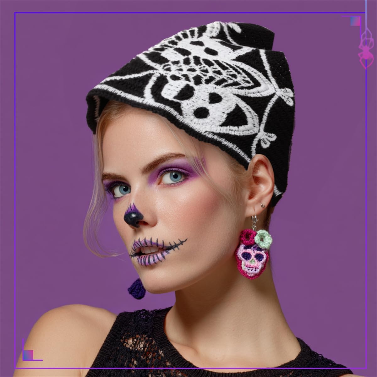 商品图片 2 | B0FP53XVZ4 | Retro Skull Headband – Halloween Hair Accessories Black Gothic Hair Band with Spiderweb & Skull Design, Soft Stretchy