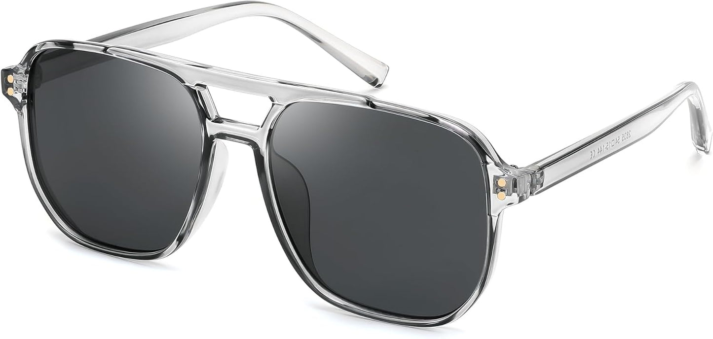 FEISEDY Retro Square Aviator Sunglasses Women Men 70s Vintage Trendy Plastic Frame Sun Glasses B2835 | BLACK Series - 016 Grey Frame/Black Grey Lens