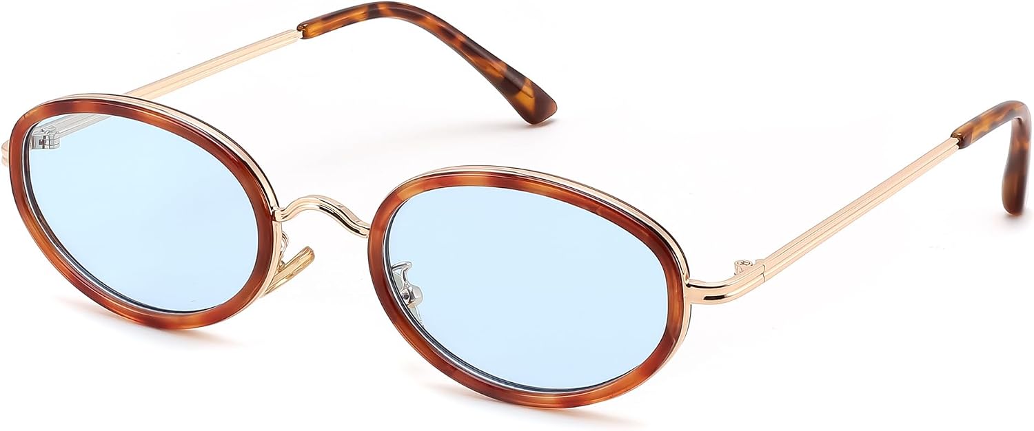 Tortoise Frame Light Blue Lens / 52 Millimeters | B0H2XF3GW5 | FEISEDY 90s Retro Oval Cat Eye Sunglasses UV400 Small Face B0450