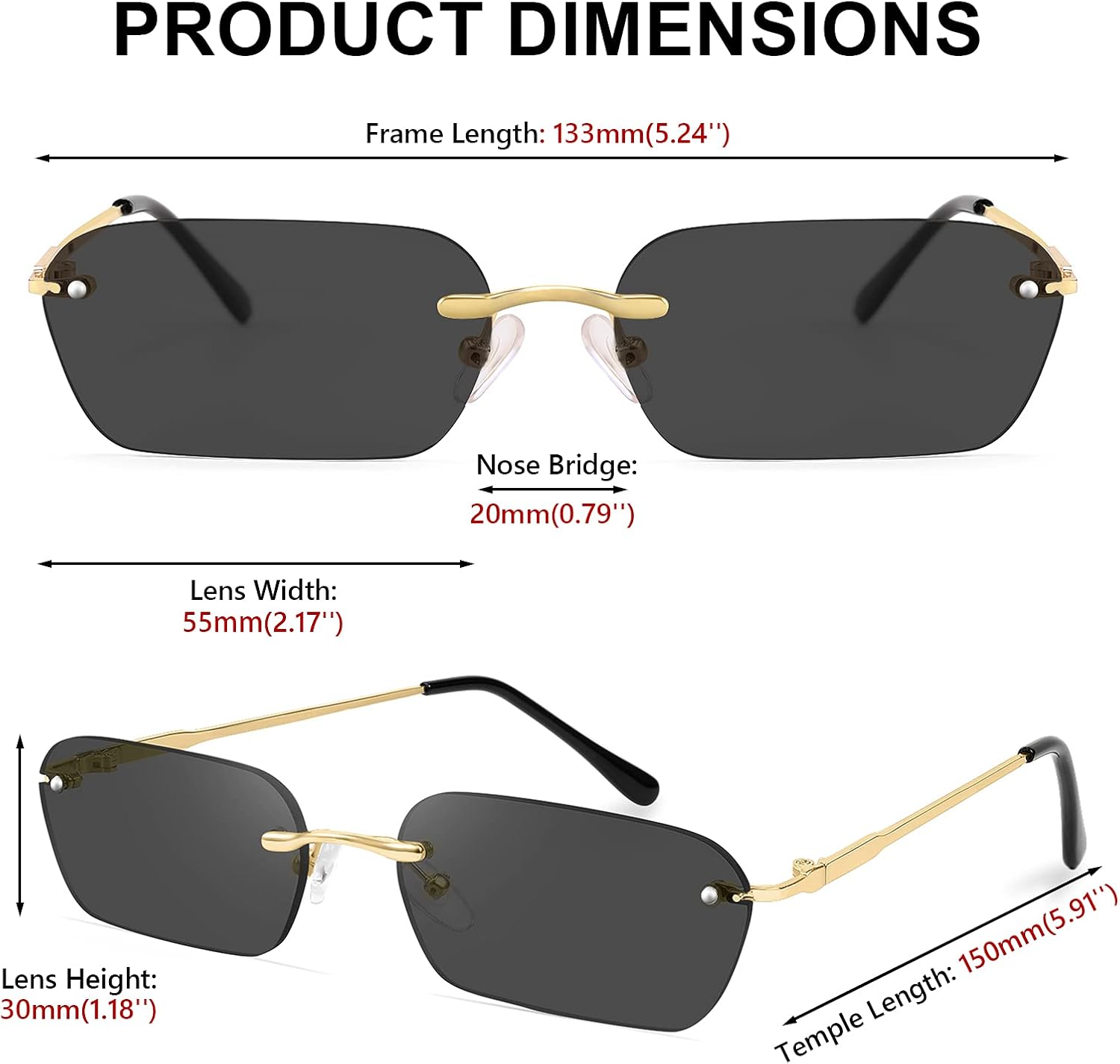 商品图片 26 | B0CY2Q4VW1 | FEISEDY Rimless Sunglasses Y2K Retro Small Narrow Rectangle Shades B2643