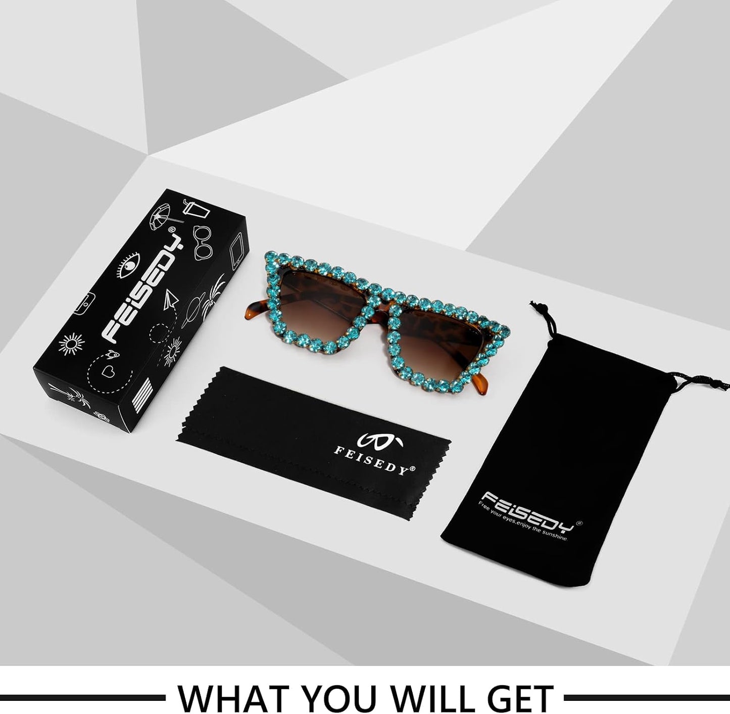 商品图片 45 | B09V7X56D4 | FEISEDY Women Crystal Square Cat Eye Sunglasses Sparkling Trendy Retro Cateye Sunglasses B2898