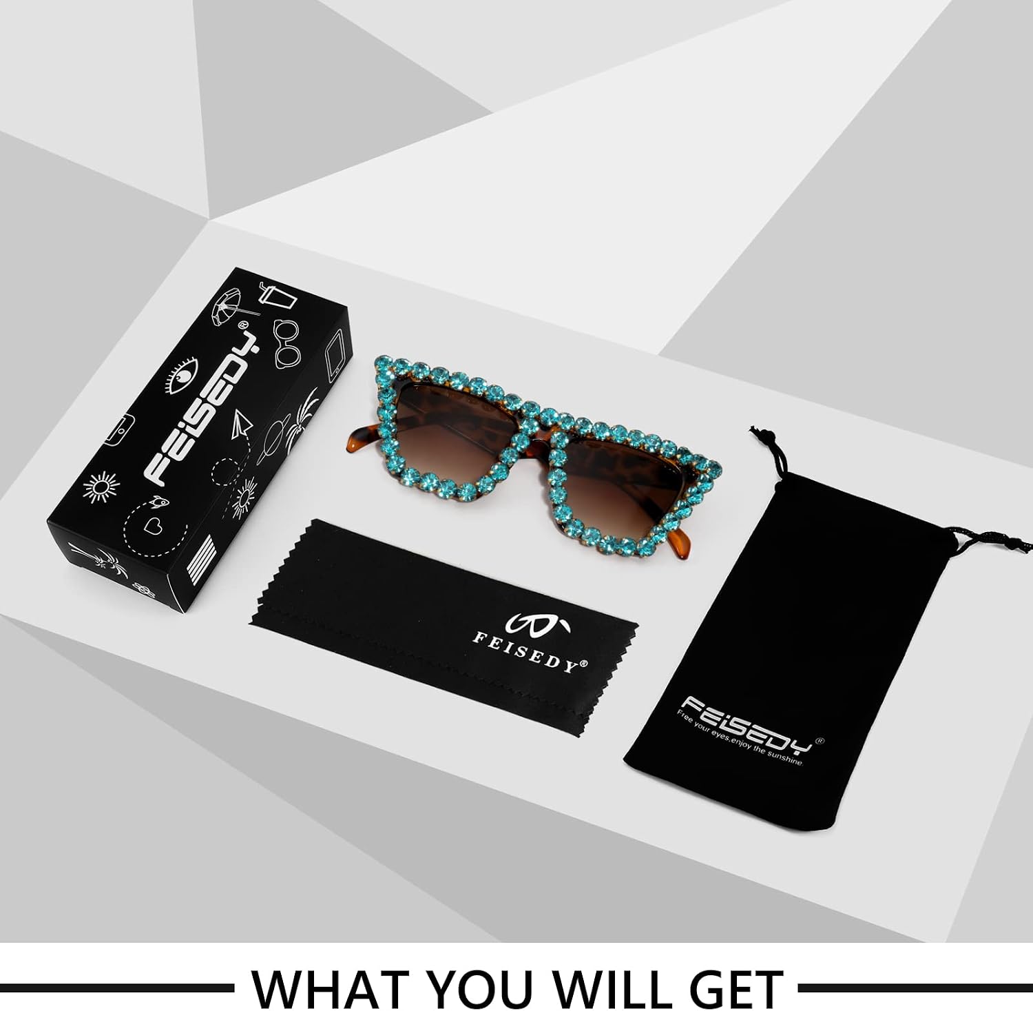 商品图片 45 | B09V7X56D4 | FEISEDY Women Crystal Square Cat Eye Sunglasses Sparkling Trendy Retro Cateye Sunglasses B2898