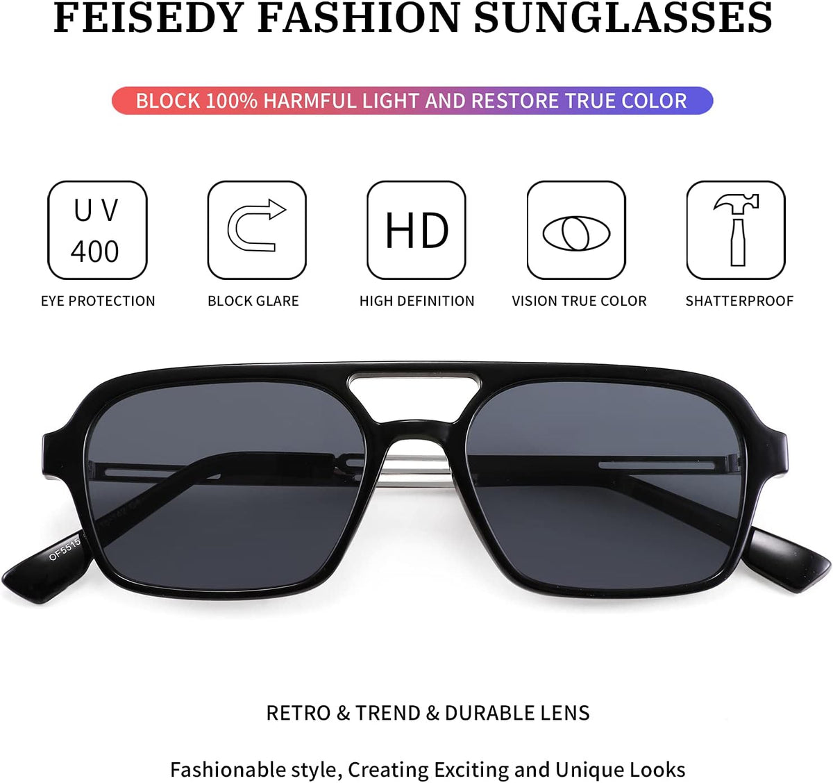 ÉÌƷͼƬ 71 | B0925V3NP4 | FEISEDY Vintage Square 70s Flat Aviator Sunglasses Women Men Metal Design Shades B2752