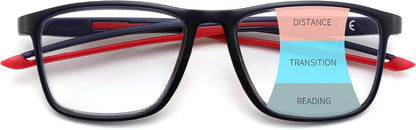 FEISEDY Progressive Multifocal Reading Glasses Blue Light Blocking B0397 | Sports Square Frame Near-Far Dual Use Blue Light Blocking Reading Glasses for Women Men | BLUE Series - Deep Blue