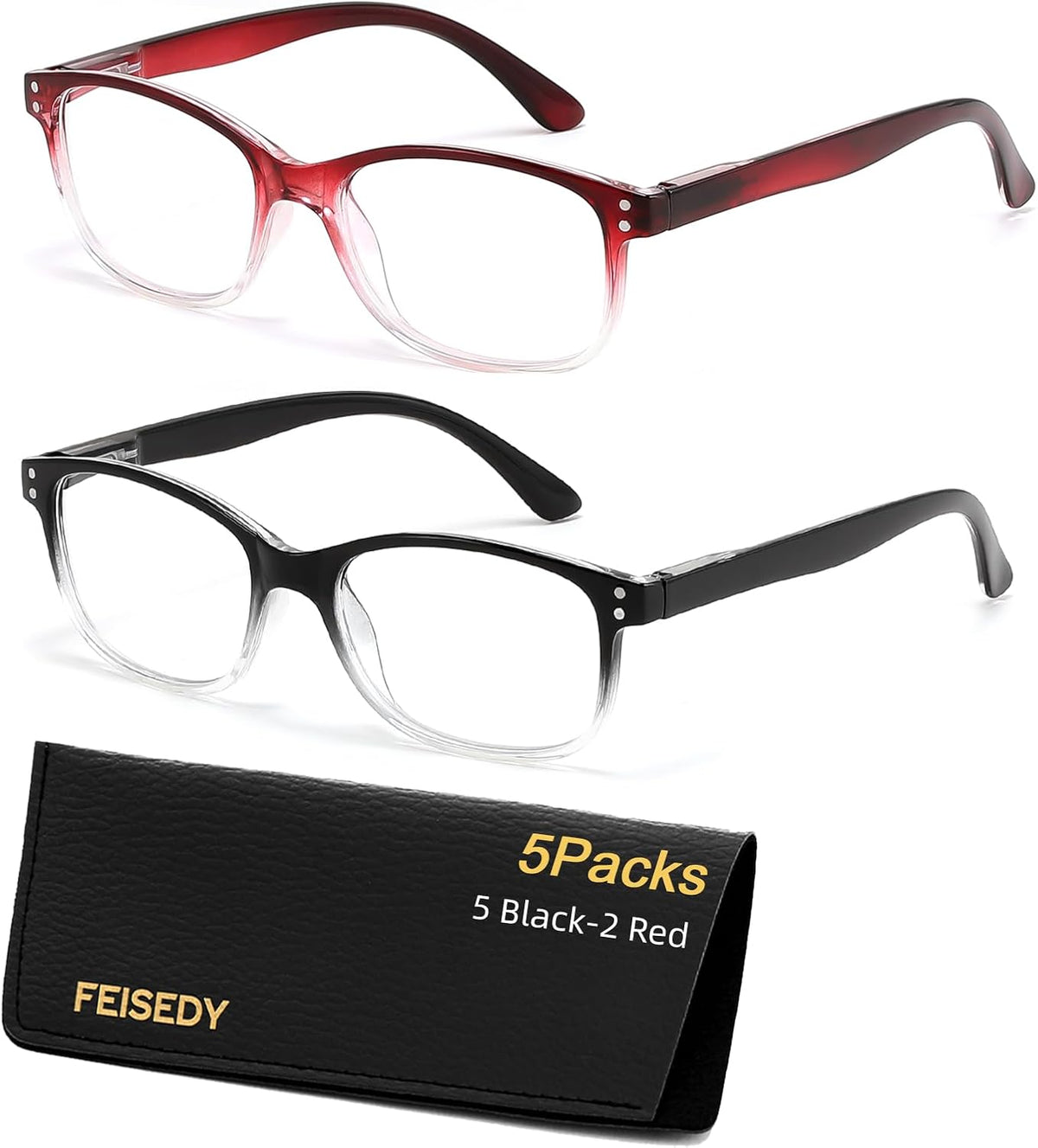 3 Gradual Black & 2 Gradual Red / 4.0 x | B0F7L6Z561 | FEISEDY 6/5 Pack Classic Reading Glasses Rectangular Readers B0297