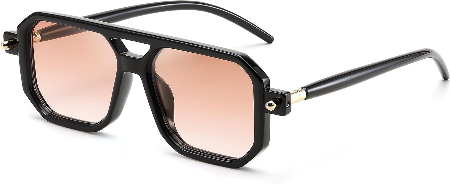 027 Black Frame & Gradient Orange Lens / 52 Millimeters | B0DF2B73JH | FEISEDY Vintage Square 70s Flat Aviator Sunglasses Women Men Classic Retro Stylish Frame UV400 Sunglasses B2622