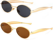 2pack(gold/Grey+gold/Tea) / 55 Millimeters | B0FH3VJS8R | FEISEDY Retro Oval Sunglasses Women Men - Gold Metal Chunky Frame, UV400 for Driving & Daily Wear B0312