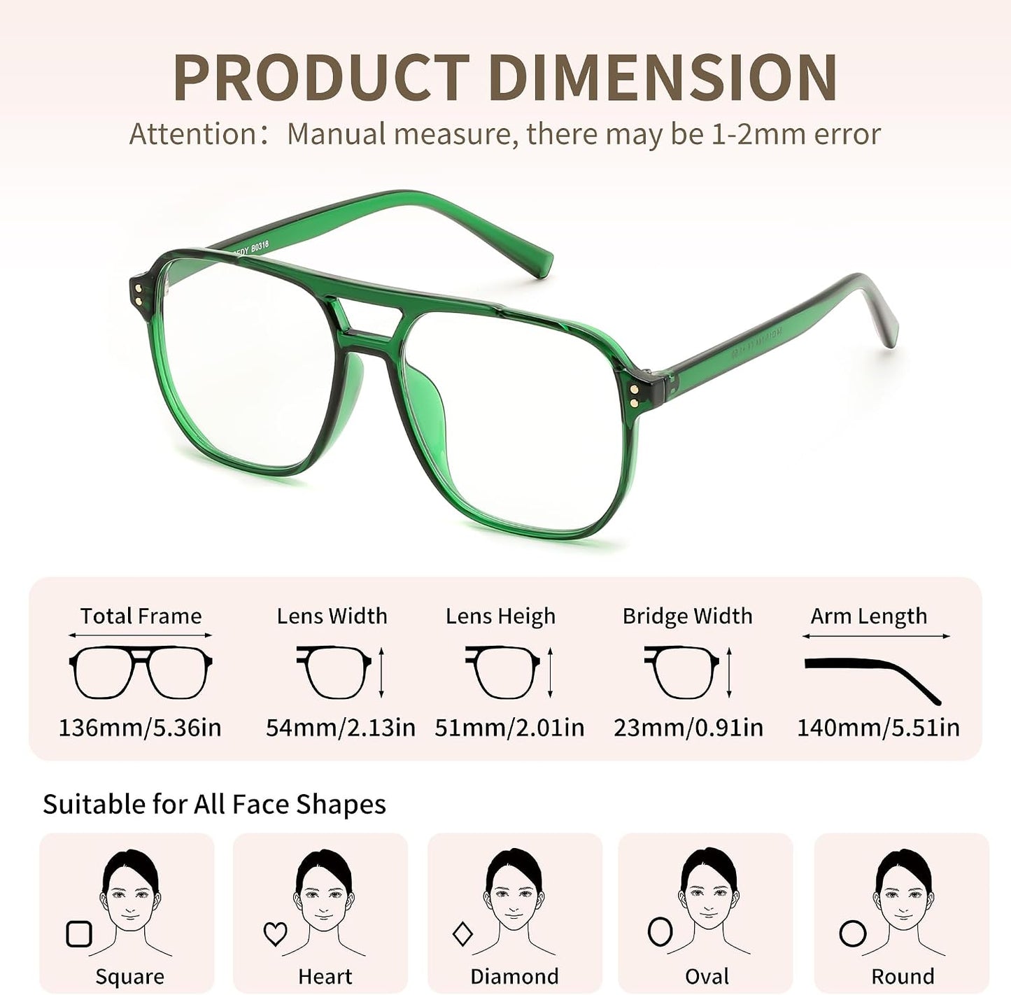商品图片 14 | B0FWXP3HKW | FEISEDY Fashion Aviator Blue Light Reading Glasses for Woman Men B0318 | Square Pilot Computer Glasses, Anti Eyestrain Glare Readers