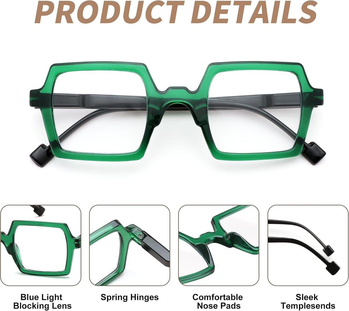 商品图片 5 | B0DNDMV881 | FEISEDY Fashion Blue Light Reading Glasses for Women Square Retro Anti- Glare Digital Eyestrain Readers B0261