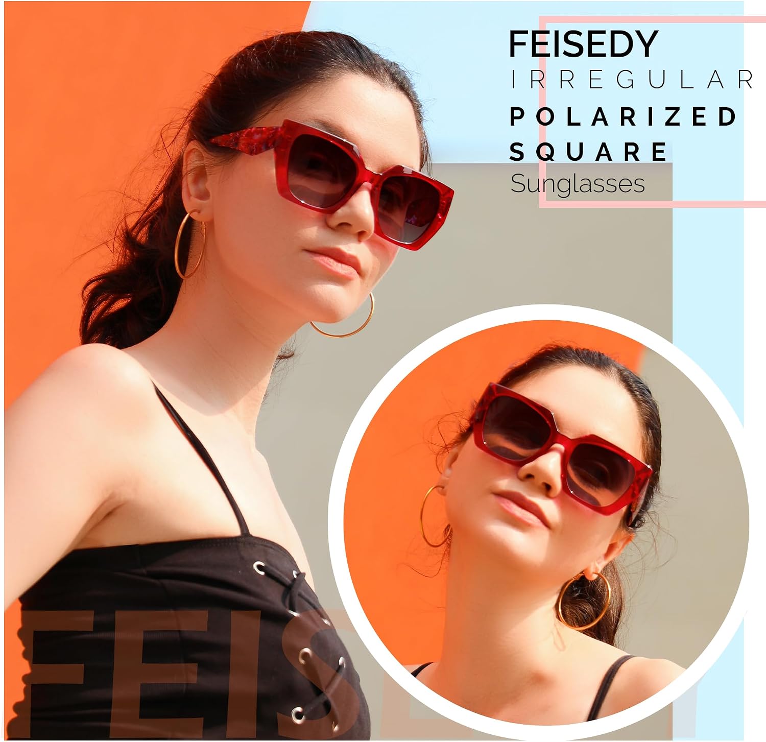 商品图片 26 | B0CNCTSQ2Z | FEISEDY Trendy Polarized Sunglasses, Oversized Irregular TR Frame for Women Men, Retro Shades UV400 B0016