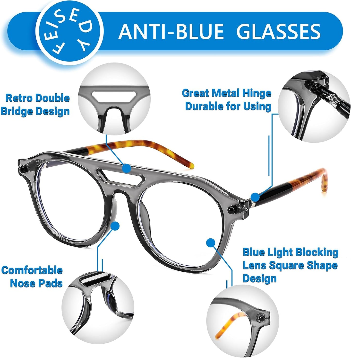 商品图片 26 | B0CJMDW1B6 | FEISEDY 70s Aviator Blue Light Blocking Glasses Square Pilot Frame Anti Glare Computer Glasses Women Men B0052