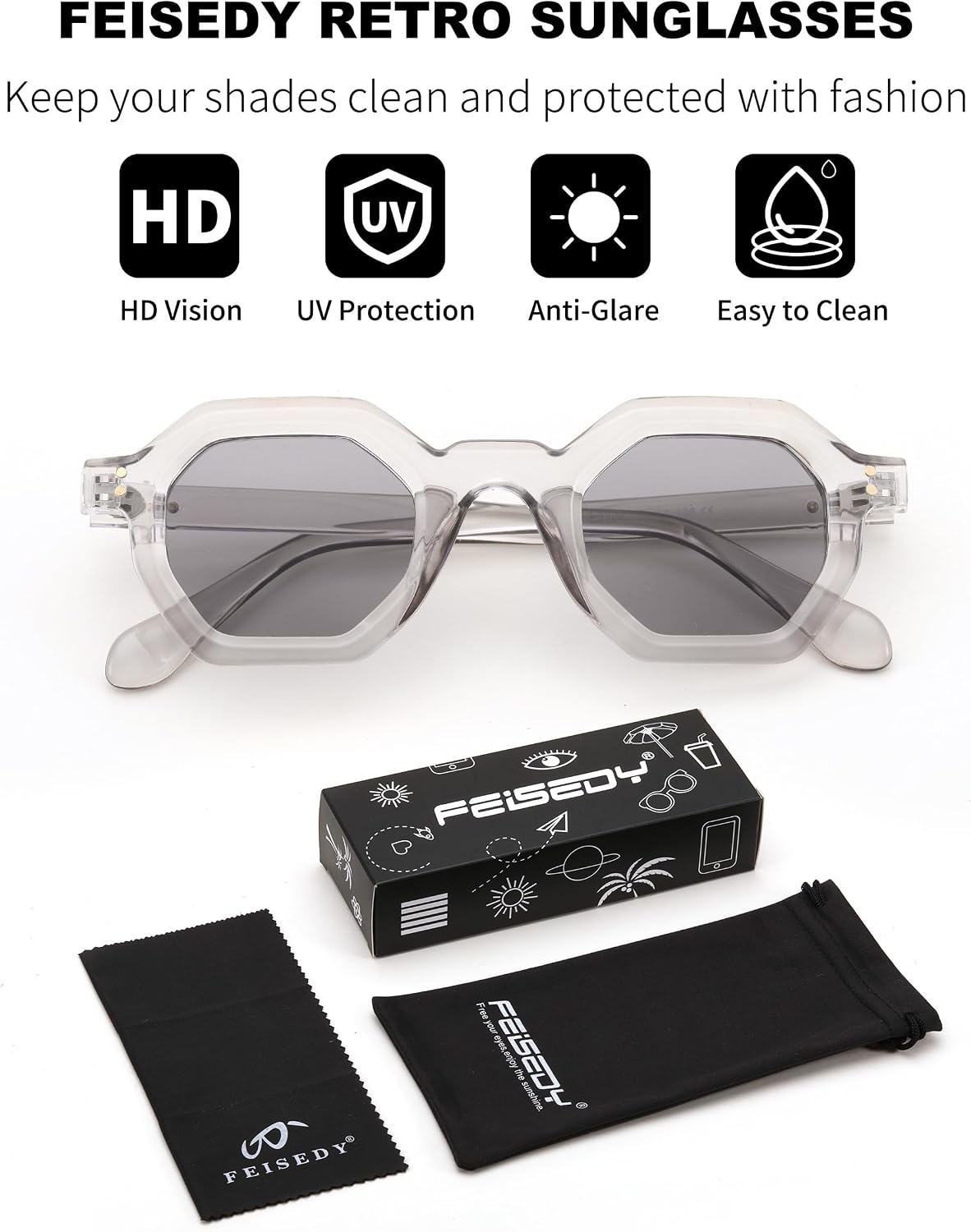 商品图片 38 | B0CSJQ26W8 | FEISEDY Octagon Sunglasses for Women - Thick Frame Fashion Rectangle Sun Glasses - Summer UV400 Protection