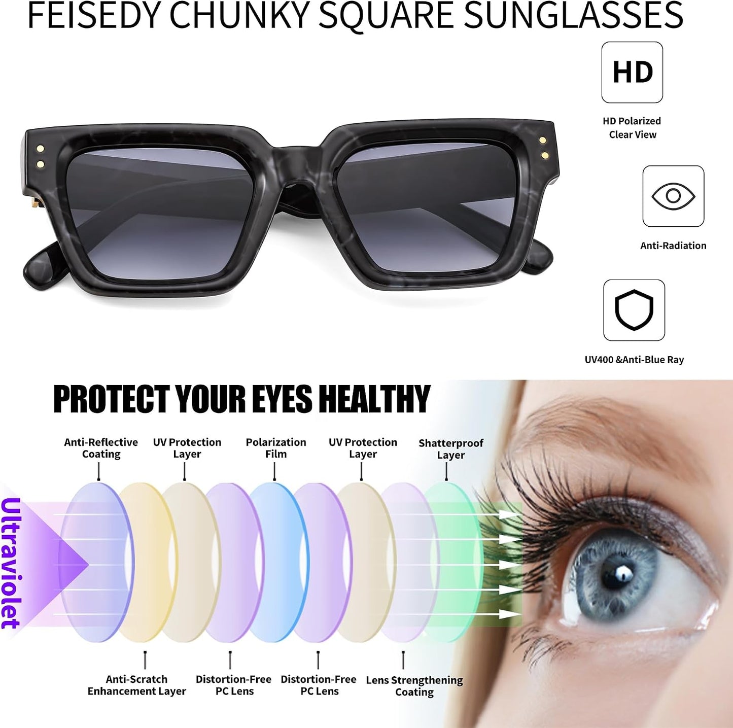 商品图片 6 | B0CHMMTXNK | FEISEDY Retro Rectangle Sunglasses Trendy Chunky Square Sun Glasses for Women Men UV400 Protection B0073