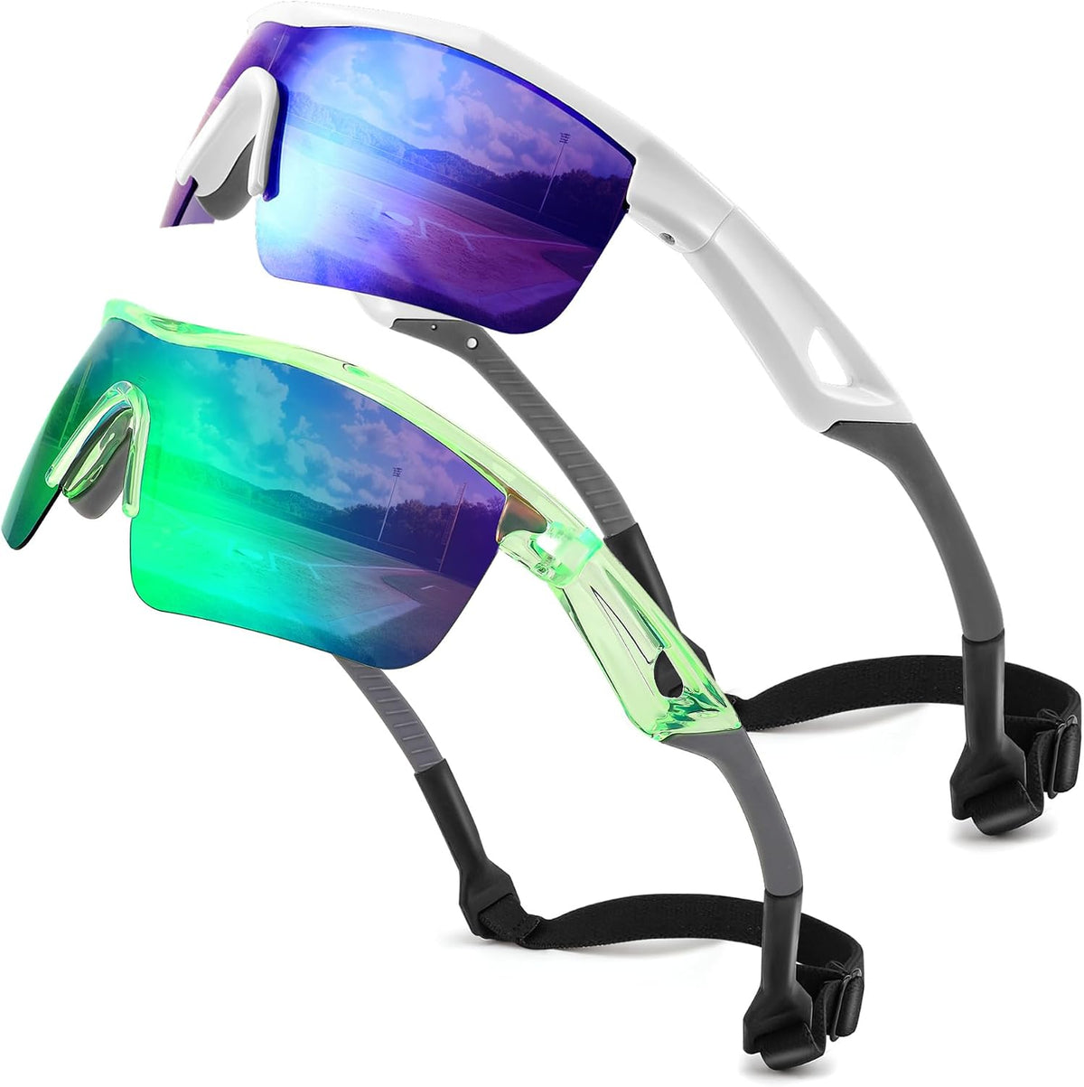 2pack White & Blue+transparent Green & Green / 125 Millimeters | B0DZH4JJ12 | FEISEDY Kids Polarized Sports Sunglasses, TR90 UV400 Baseball Cycling