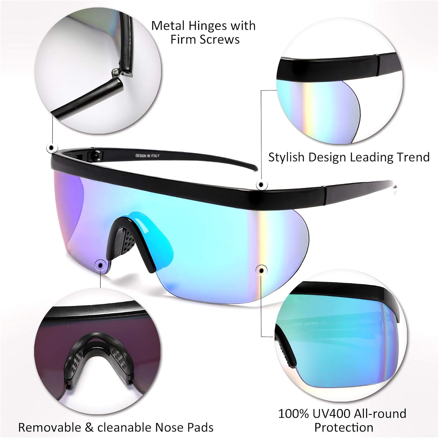 商品图片 12 | B096SD9GGG | FEISEDY Oversized Mirror Shield Sport 80s Sunglasses Ski Goggles Flat Top One Piece Futuristic Visor Women Men B2522