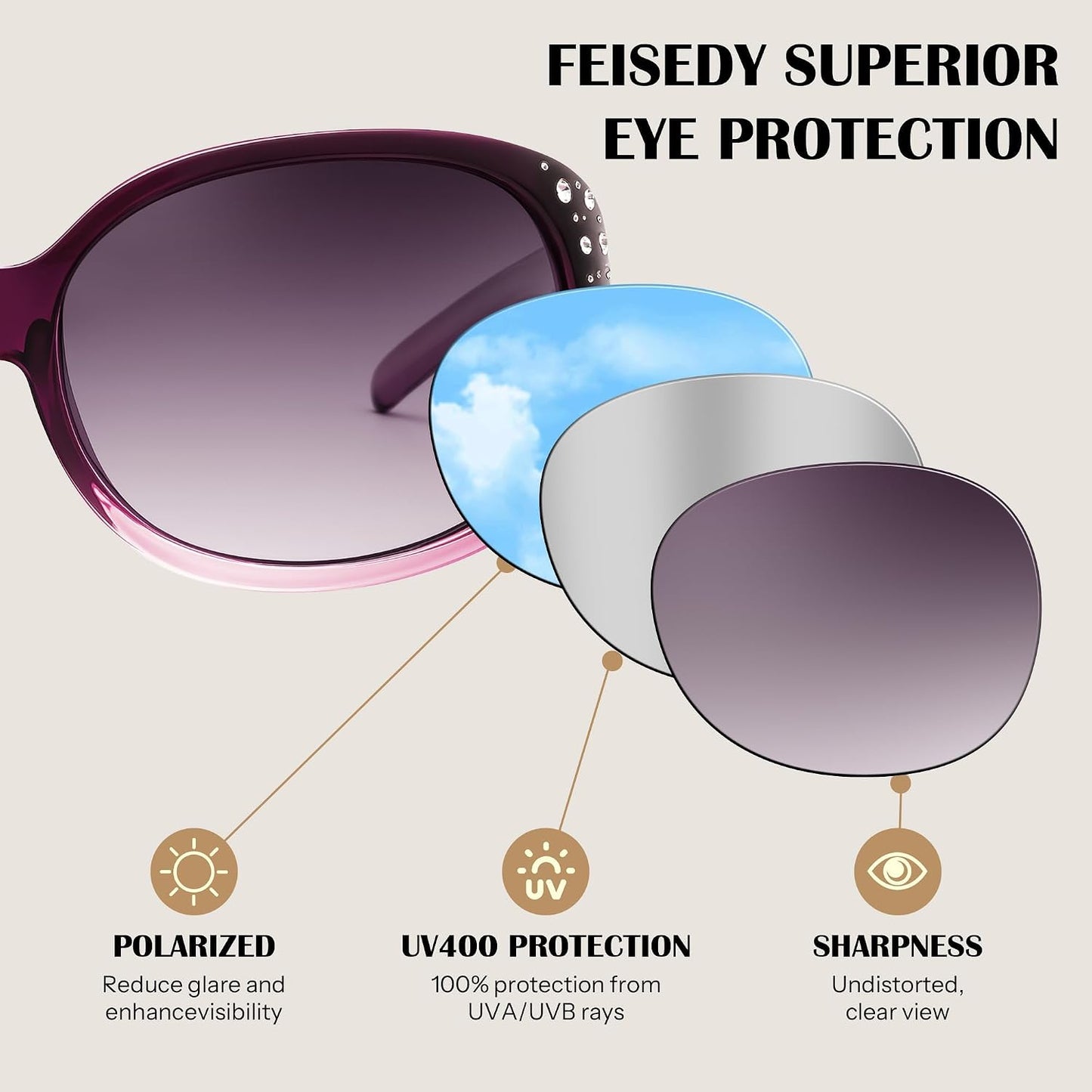 商品图片 33 | B0FZT6D16L | FEISEDY Women's Polarized Sunglasses Wrap Around Rhinestone Design Fashion Sunnies UV400 Protection B1091
