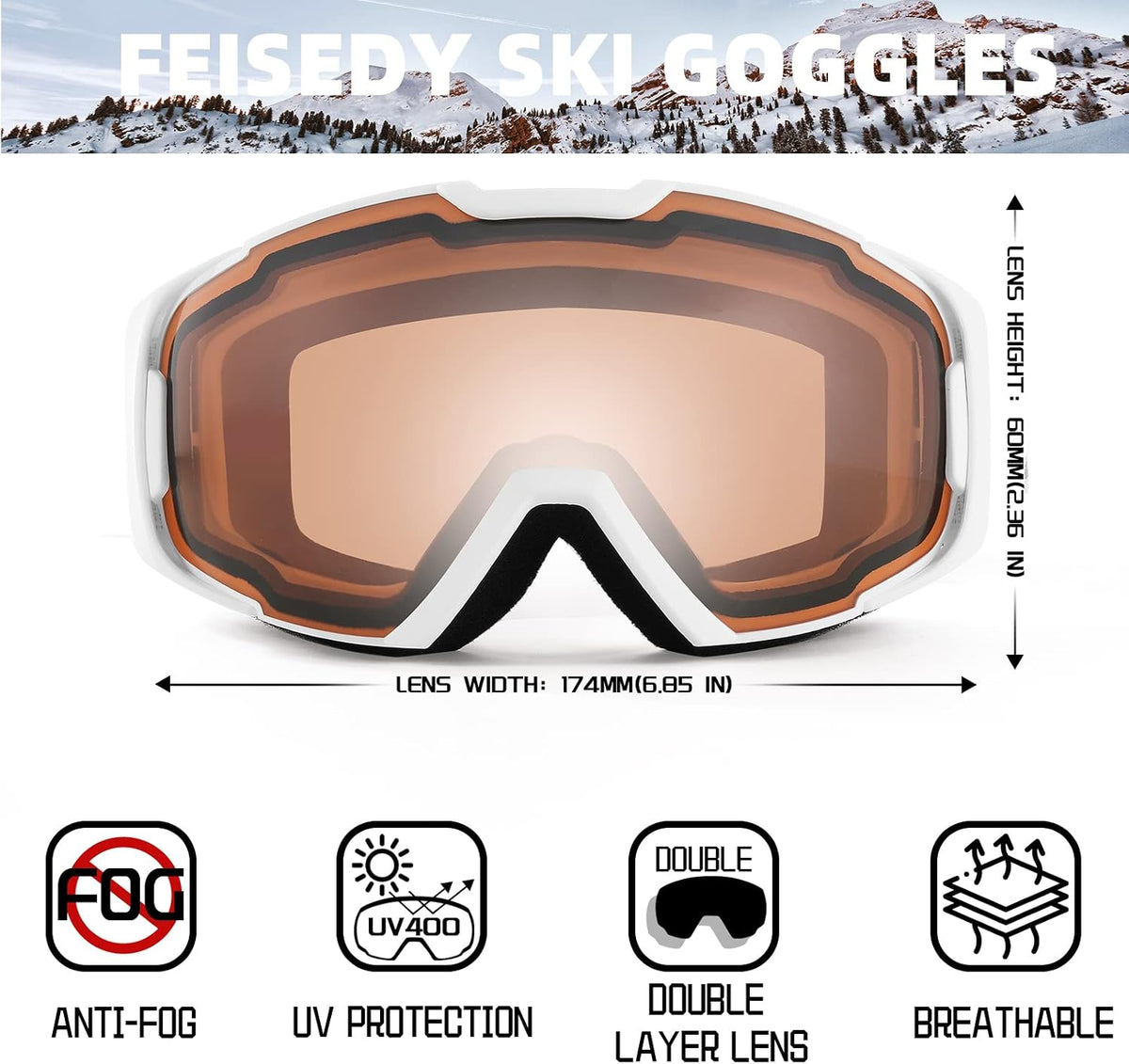 商品图片 65 | B0GHRB6WCQ | FEISEDY Ski Goggles, OTG Snow Sport Goggles for Adult Youth, Anti-Fog UV400 Protection Bendable Dual-Lenses B2961