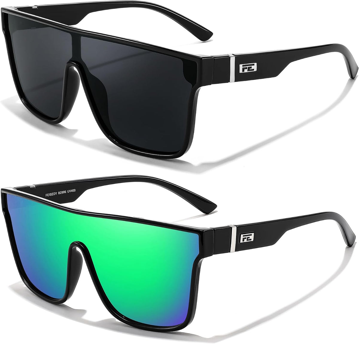 Z2pack(black Frame & Grey Lens+black Frame & Green Mirror Lens) / 62 Millimeters | B0FHK41LBD | FEISEDY Sunglasses for Women Men, Fashion Mirrored Single Lens Shades