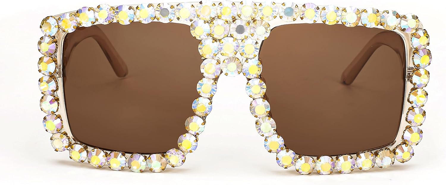 005 Transparent Tea Frame/Multicolor Diamond Tea Lens / 60 Millimeters | B09YHGYVD9 | FEISEDY Square Diamond Sunglasses for Women Retro Fashion Shiny Rhinestone Sun Glasses B2916
