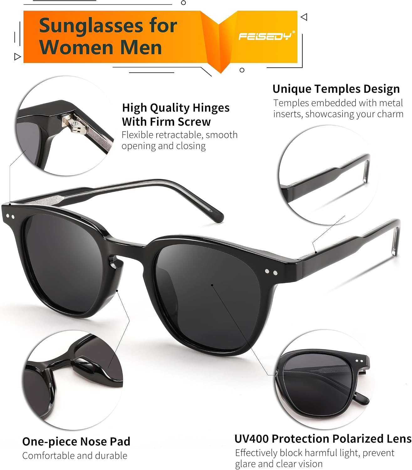 商品图片 5 | B0CCPBD9GS | FEISEDY Classic Polarized Sunglasses Retro Round Sunglasses for Women Men Trendy Shades B0002