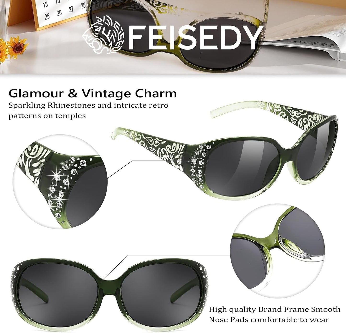 商品图片 10 | B0FZT6D16L | FEISEDY Women's Polarized Sunglasses Wrap Around Rhinestone Design Fashion Sunnies UV400 Protection B1091
