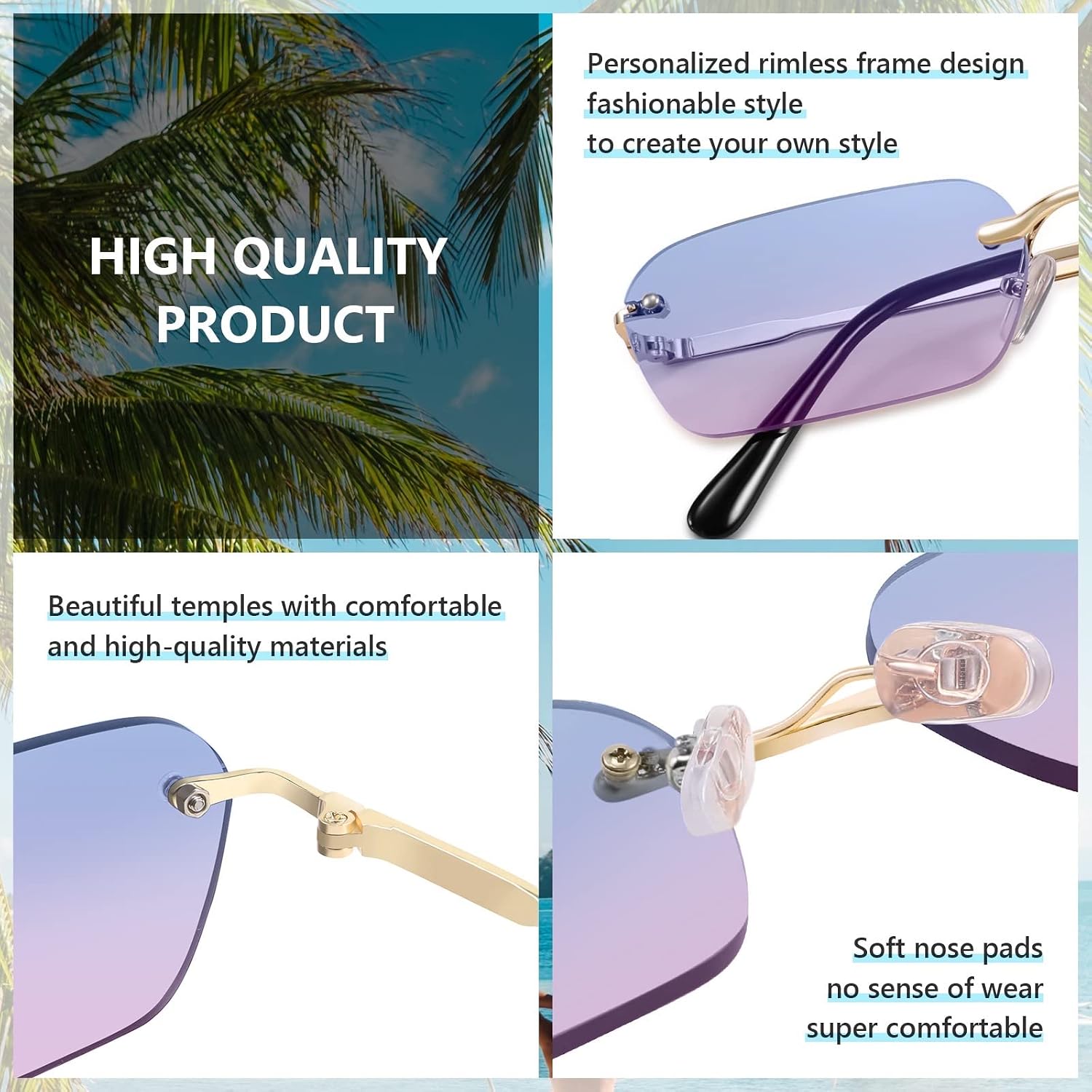 商品图片 74 | B0CY2Q4VW1 | FEISEDY Rimless Sunglasses Y2K Retro Small Narrow Rectangle Shades B2643