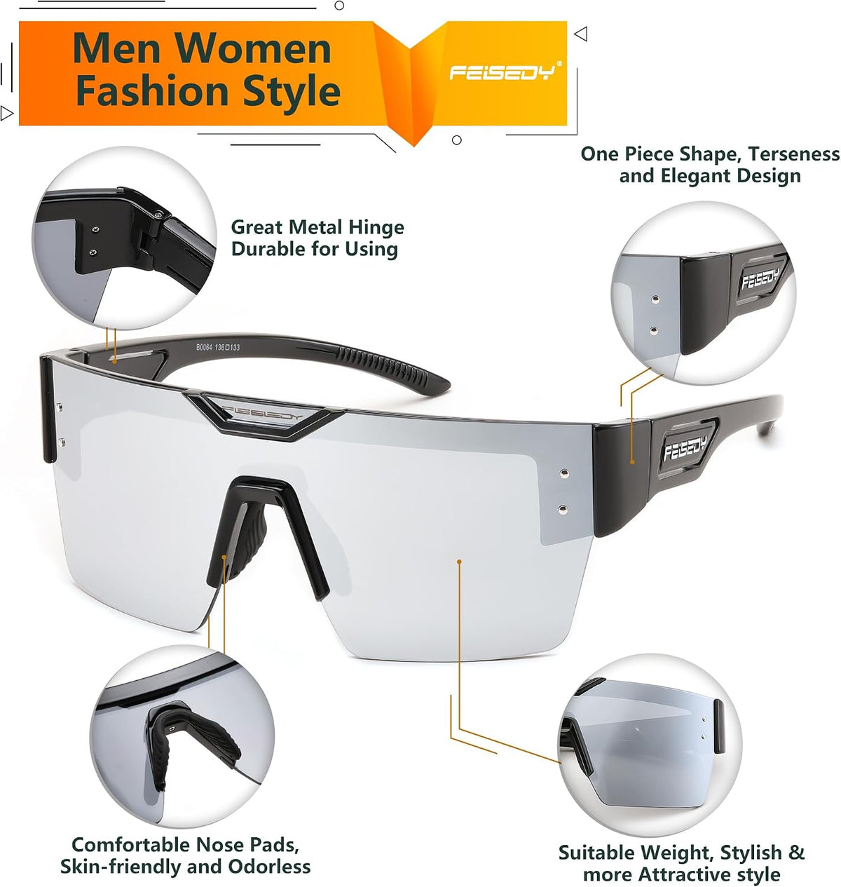 ÉÌƷͼƬ 29 | B0D4Y6RY37 | FEISEDY Sunglasses Men Women, Big Oversized Square Frame,UV400 Mirrored Sun Glasses, Cycling Driving Fishing Hiking B0064