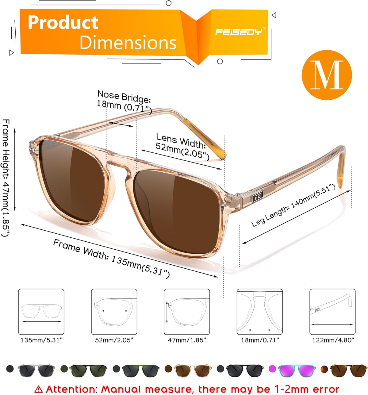 ÉÌƷͼƬ 38 | B0F4D461TF | FEISEDY Polarized Aviator Mens Sunglasses Square Modern Women Vintage Style Acetate Frame UV400 B0191