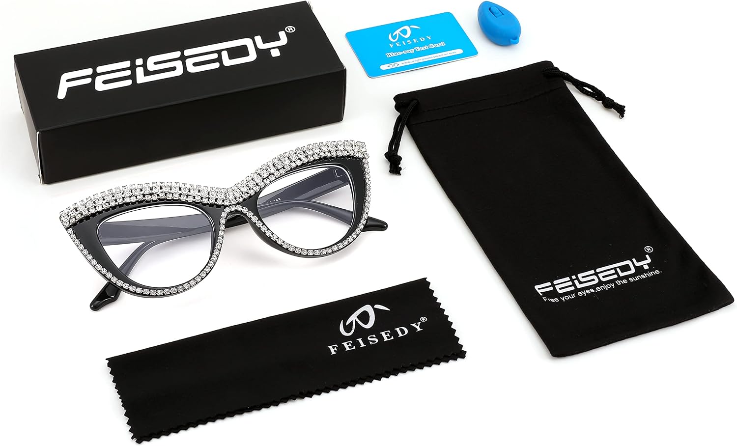 商品图片 21 | B0BLH5NHK8 | FEISEDY Diamond Blue Light Blocking Glasses Cat Eye Rhinestone Women Oversized Anti Eyestrain Computer Glasses Frame B2358